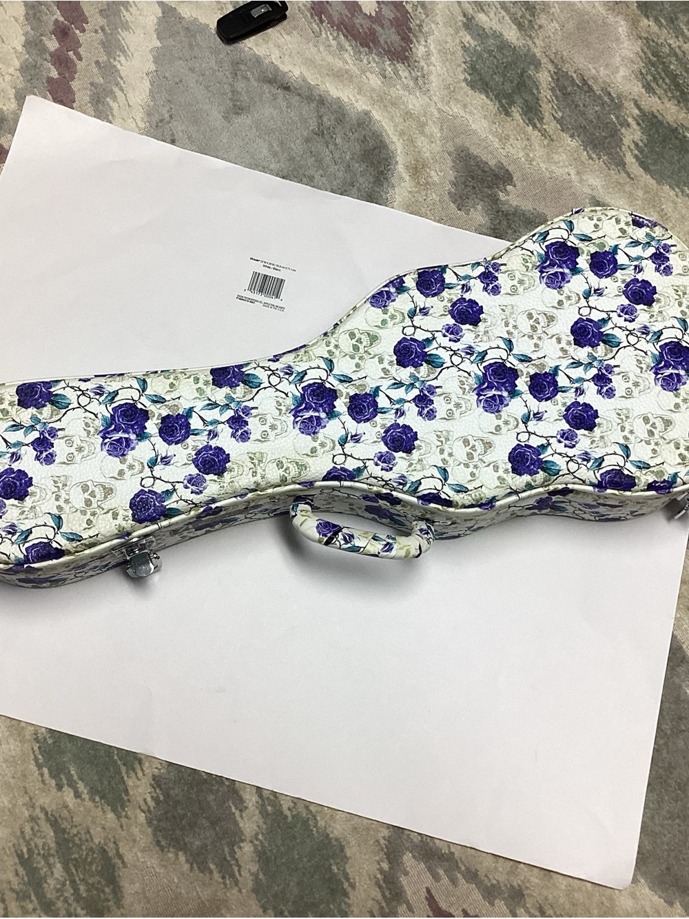 Soprano? Ukulele Hard Case Goth White w/ skulls & purple Flowers Skeleton Music